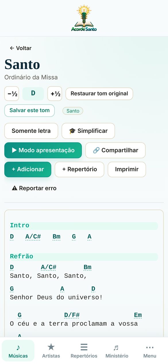 Tela da cifra no Acorde Santo